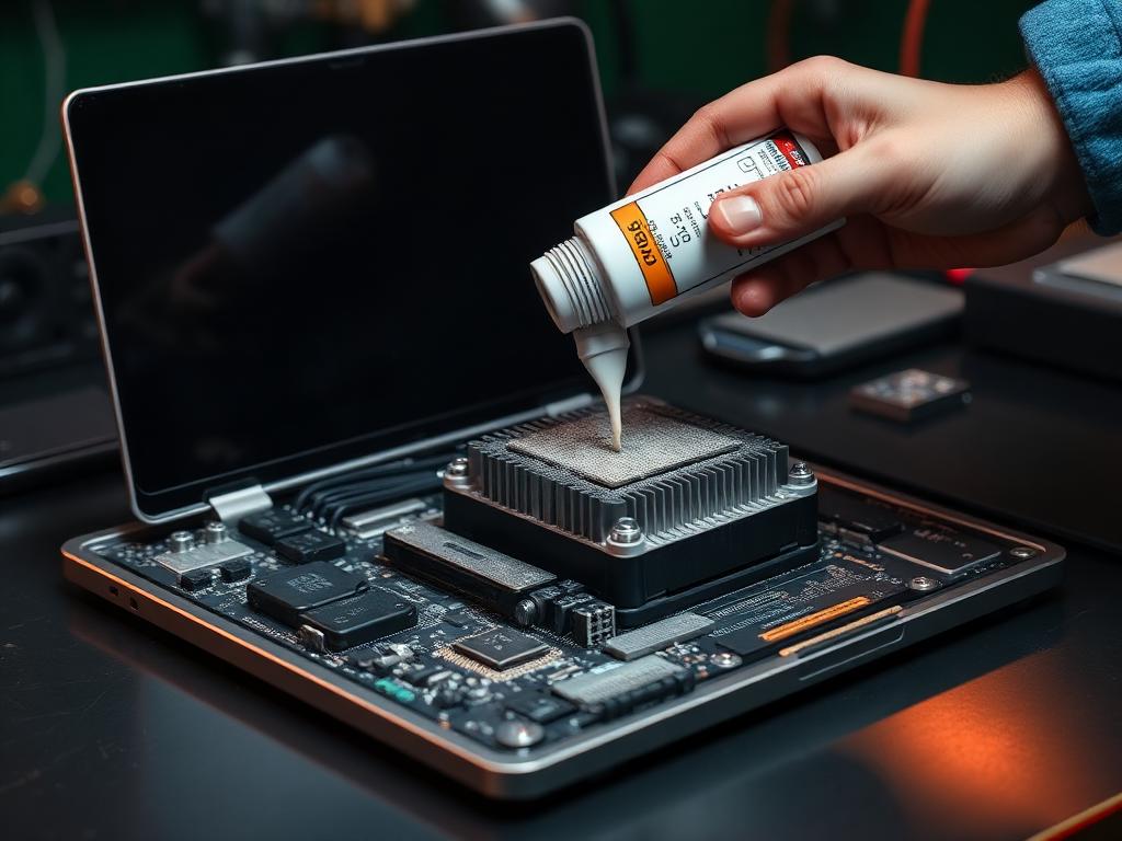 Aplicação de pasta térmica e instalação de SSD em um notebook aberto