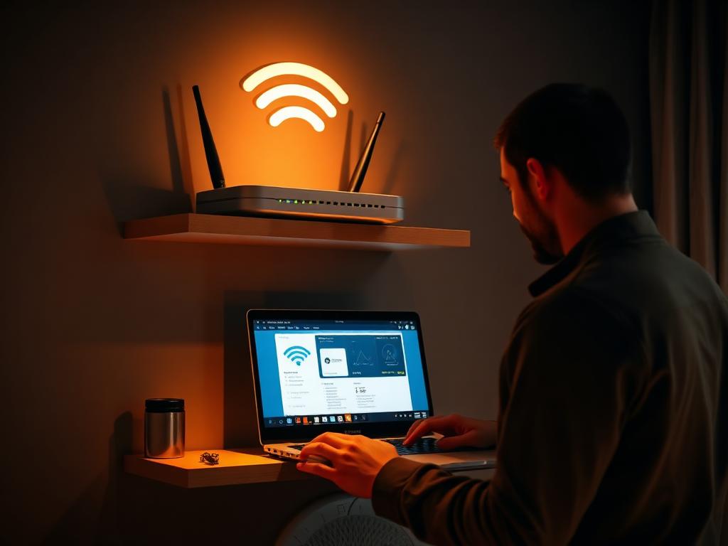 Técnico configurando um roteador Wi-Fi na casa do cliente